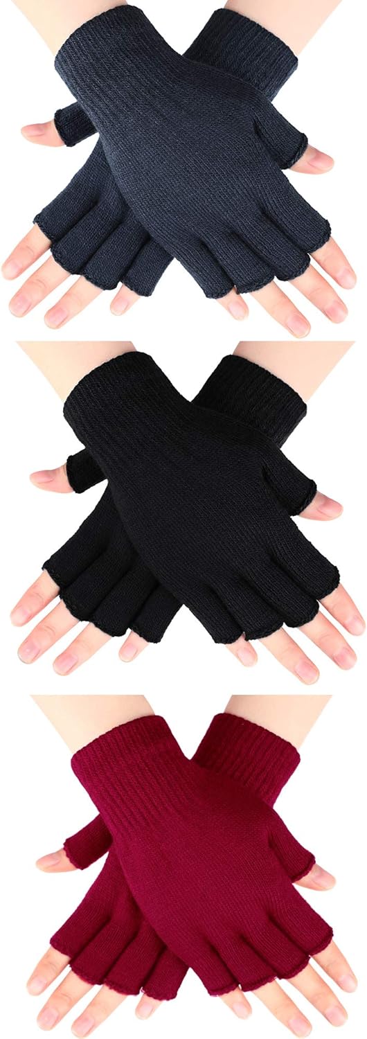 3 Paires Demi-Doigts Gants d'Hiver en Tricot