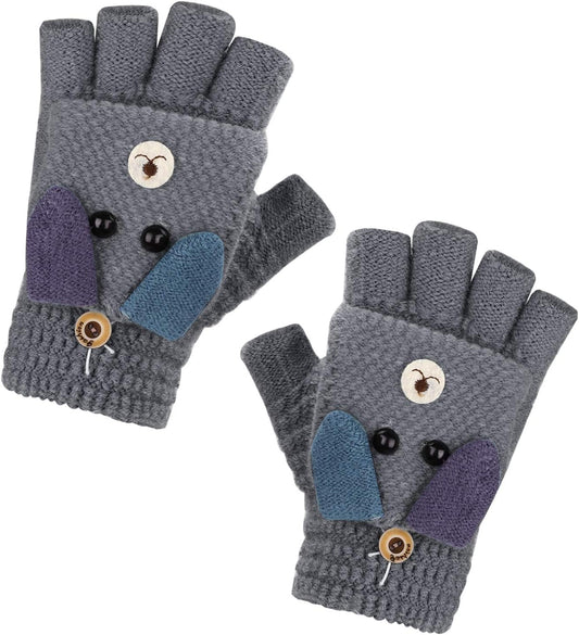 Gants Tricotés d'Automne Hiver pour Enfants 3-6 Ans Gants Demi-doigts à Rabat 2 Usages Gants en Tricot Épais Chaud Gants Mitaines d'Animal Mignon Cadeau de Noël Nouvel An pour Garçons et Filles