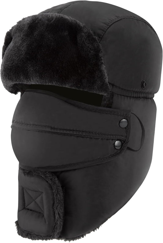 Chapka noir homme – Bonnet aviateur chaud en fausse fourrure masque amovible