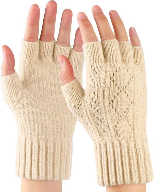 Mitaine beige – Gants sans doigts tricotés élastiques et respirants hiver