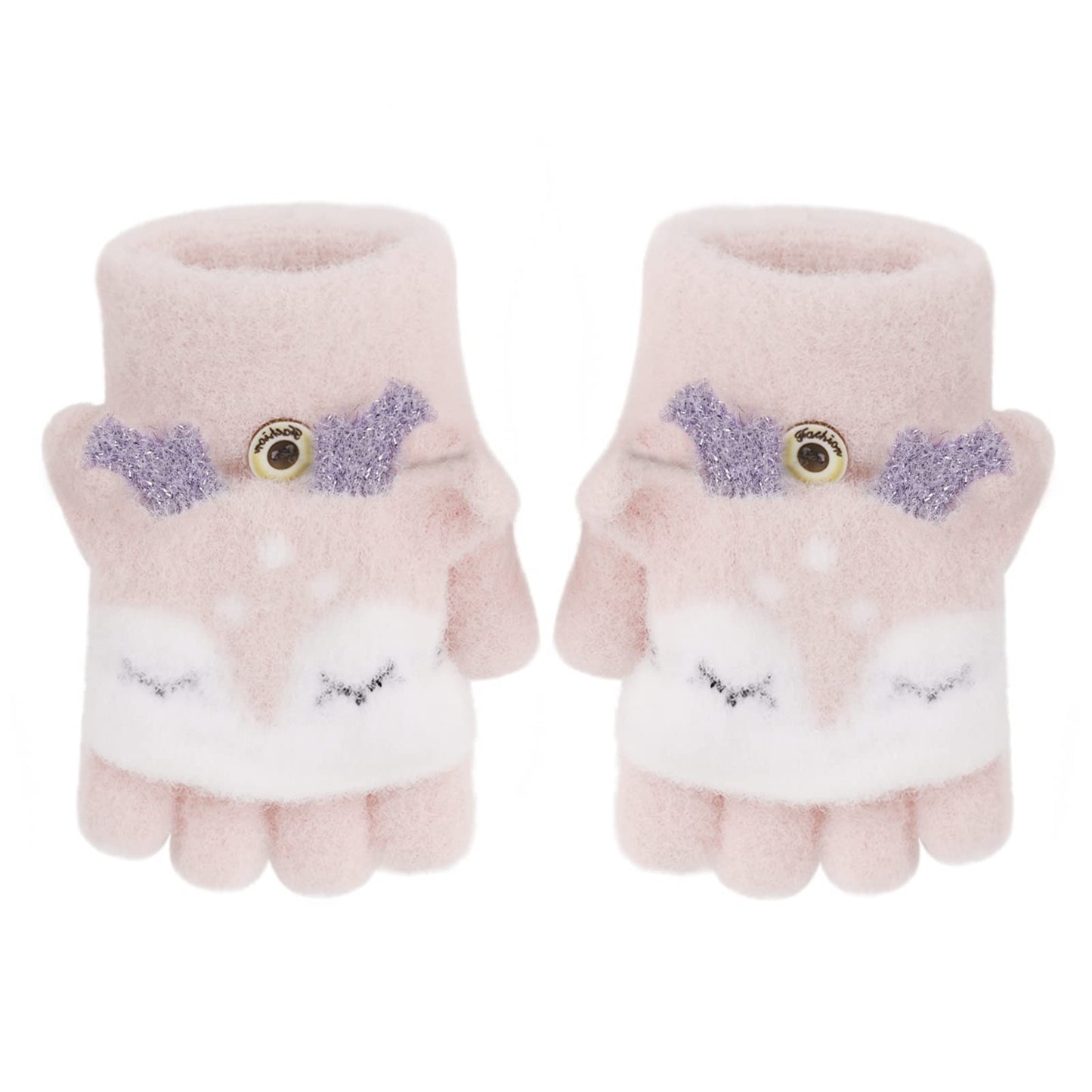 Gants Tricotés d'Automne Hiver pour Enfants 3-6 Ans Gants Demi-doigts à Rabat 2 Usages Gants en Tricot Épais Chaud Gants Mitaines d'Animal Mignon Cadeau de Noël Nouvel An pour Garçons et Filles