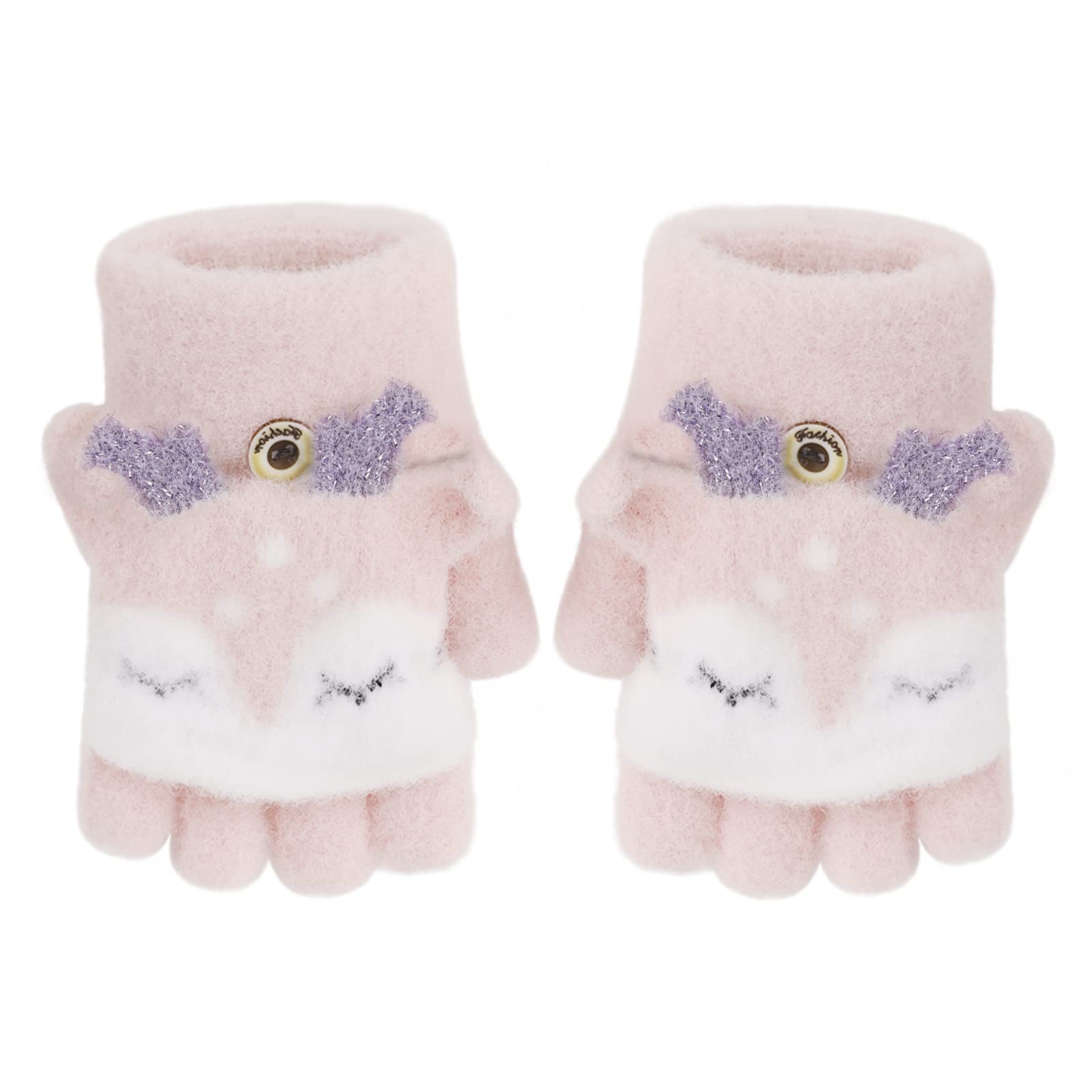 Gants Tricotés d'Automne Hiver pour Enfants 3-6 Ans Gants Demi-doigts à Rabat 2 Usages Gants en Tricot Épais Chaud Gants Mitaines d'Animal Mignon Cadeau de Noël Nouvel An pour Garçons et Filles
