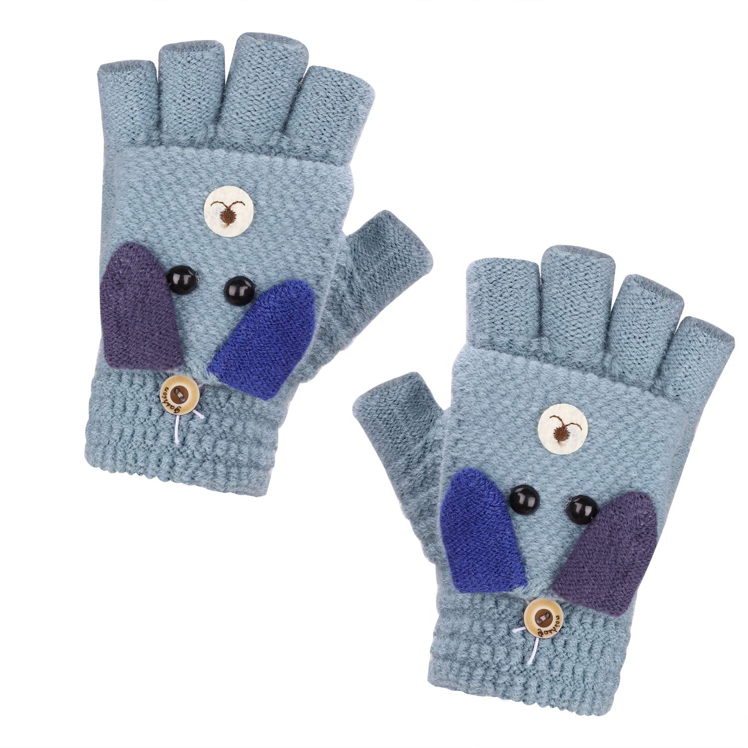 Gants Tricotés d'Automne Hiver pour Enfants 3-6 Ans Gants Demi-doigts à Rabat 2 Usages Gants en Tricot Épais Chaud Gants Mitaines d'Animal Mignon Cadeau de Noël Nouvel An pour Garçons et Filles