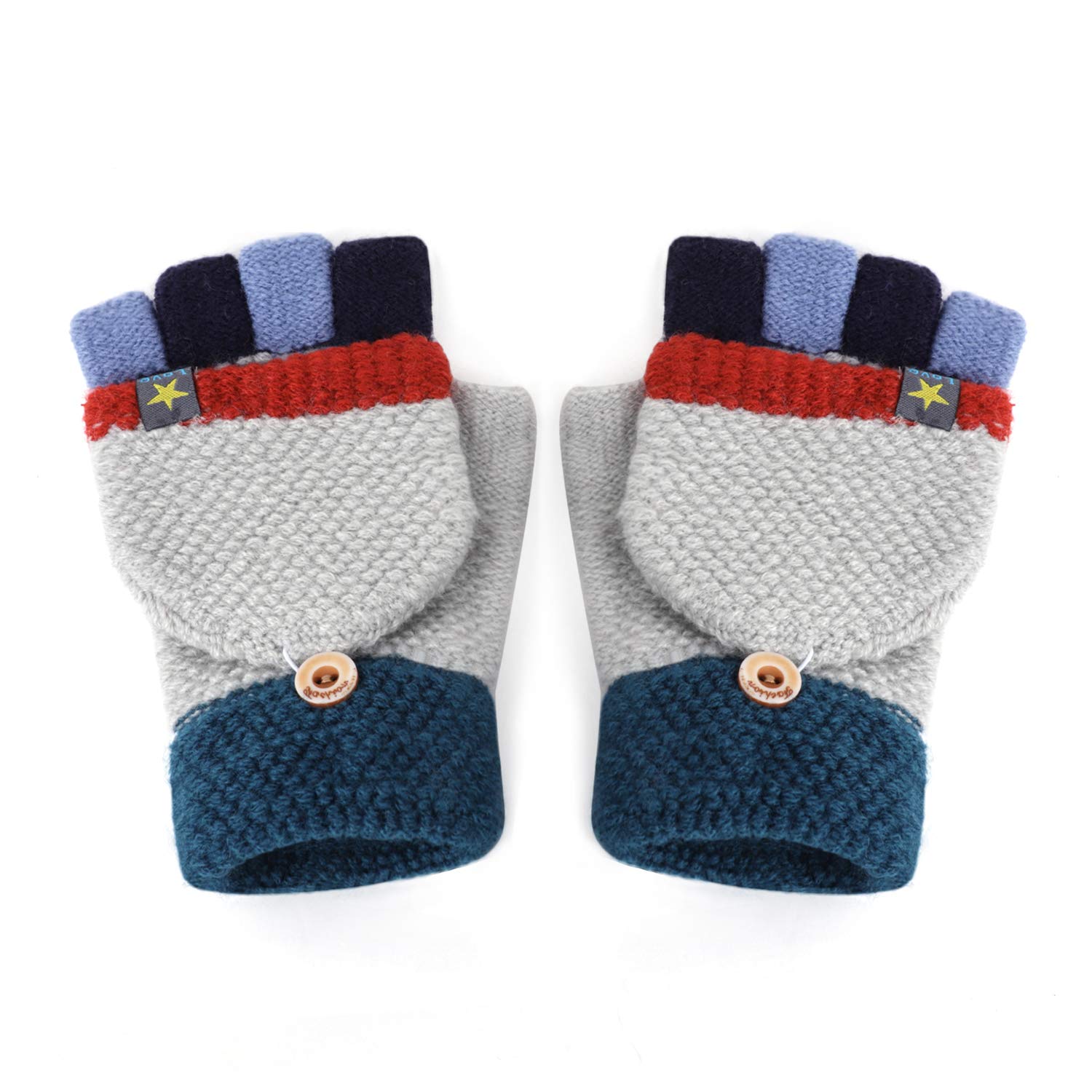 Gants Tricotés d'Automne Hiver pour Enfants 3-6 Ans Gants Demi-doigts à Rabat 2 Usages Gants en Tricot Épais Chaud Gants Mitaines d'Animal Mignon Cadeau de Noël Nouvel An pour Garçons et Filles