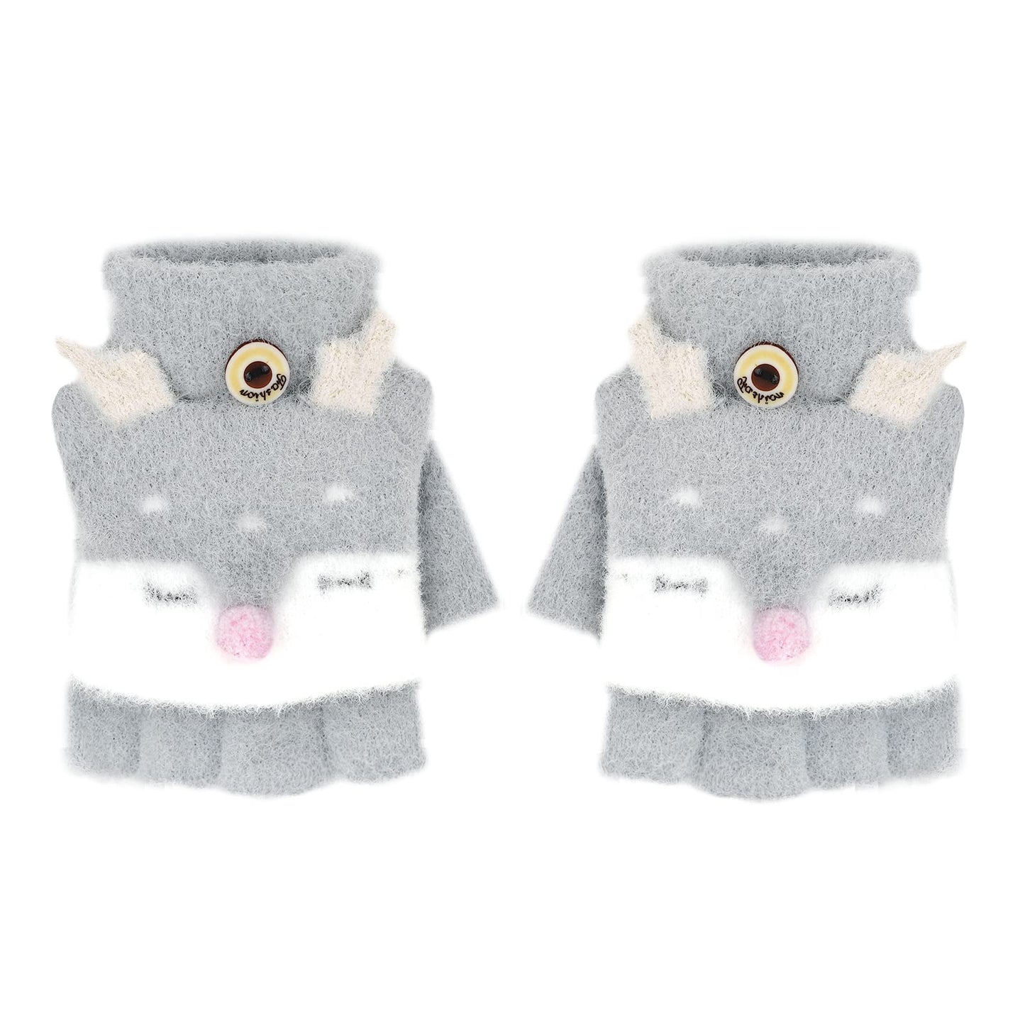 Gants Tricotés d'Automne Hiver pour Enfants 3-6 Ans Gants Demi-doigts à Rabat 2 Usages Gants en Tricot Épais Chaud Gants Mitaines d'Animal Mignon Cadeau de Noël Nouvel An pour Garçons et Filles