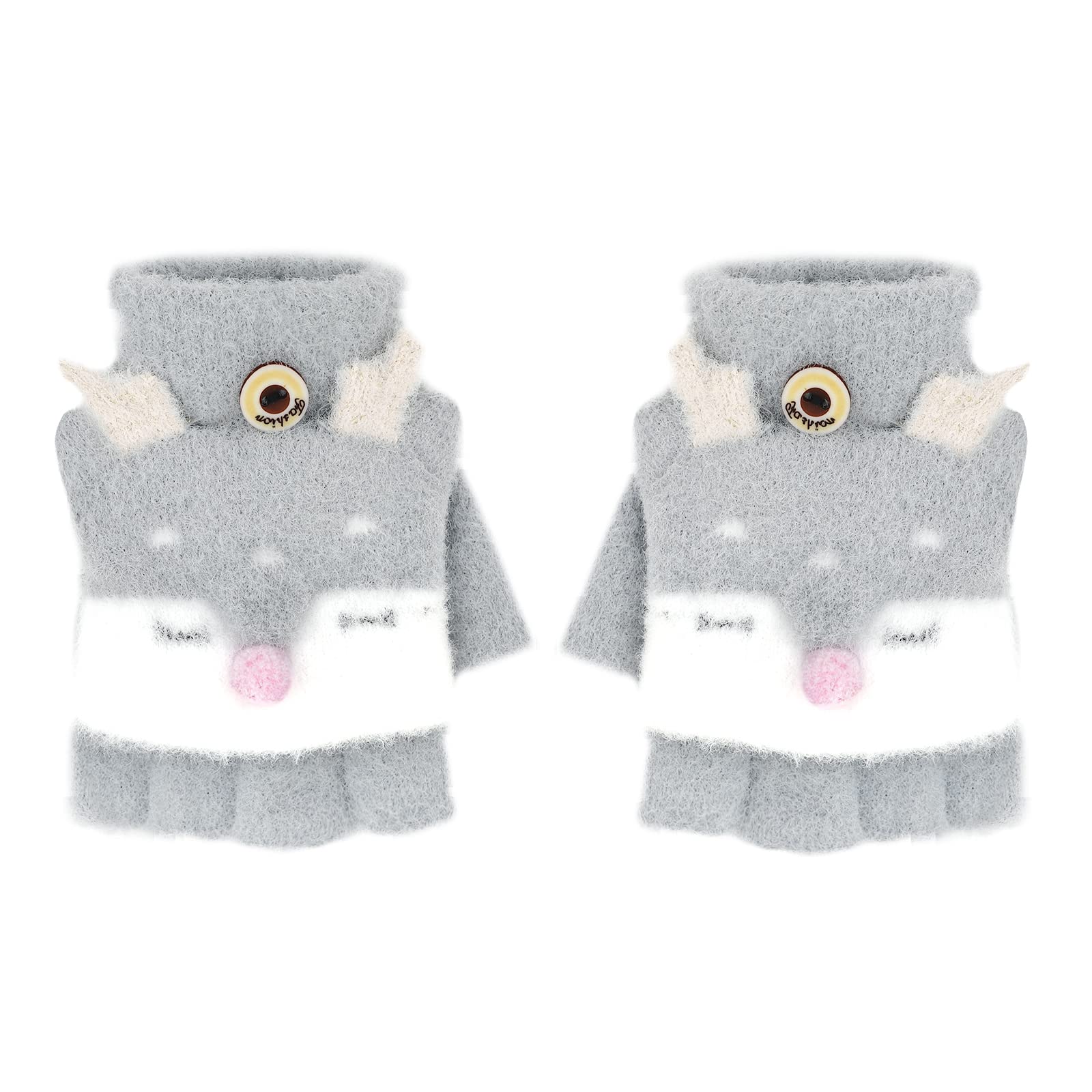 Gants Tricotés d'Automne Hiver pour Enfants 3-6 Ans Gants Demi-doigts à Rabat 2 Usages Gants en Tricot Épais Chaud Gants Mitaines d'Animal Mignon Cadeau de Noël Nouvel An pour Garçons et Filles
