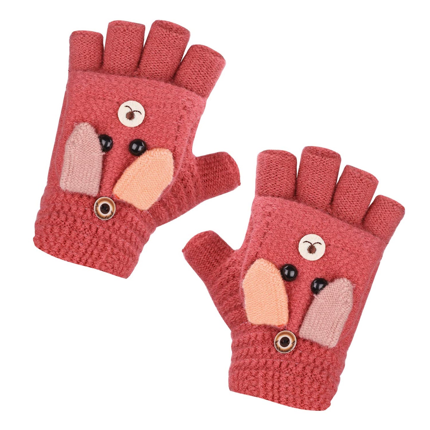 Gants Tricotés d'Automne Hiver pour Enfants 3-6 Ans Gants Demi-doigts à Rabat 2 Usages Gants en Tricot Épais Chaud Gants Mitaines d'Animal Mignon Cadeau de Noël Nouvel An pour Garçons et Filles