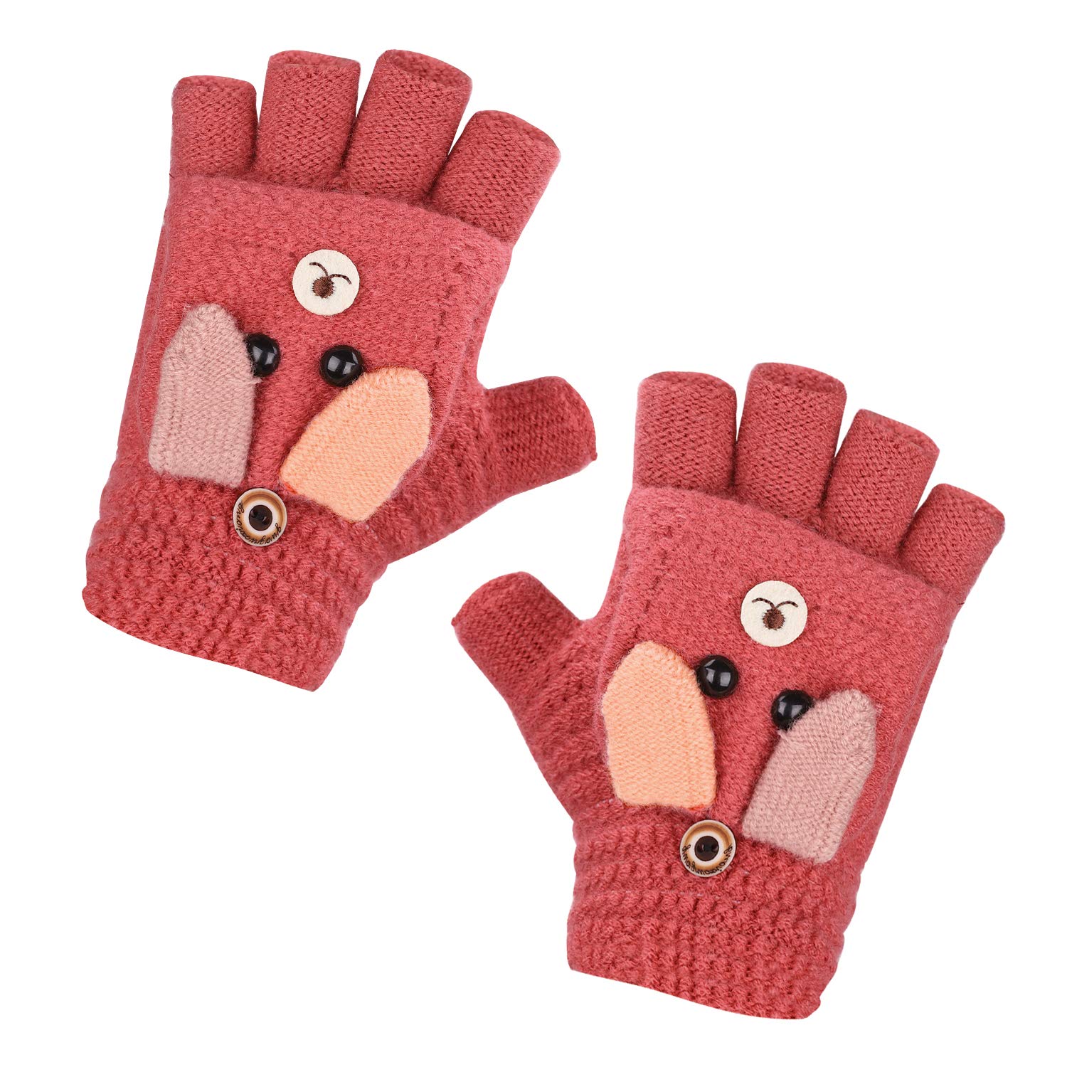 Gants Tricotés d'Automne Hiver pour Enfants 3-6 Ans Gants Demi-doigts à Rabat 2 Usages Gants en Tricot Épais Chaud Gants Mitaines d'Animal Mignon Cadeau de Noël Nouvel An pour Garçons et Filles