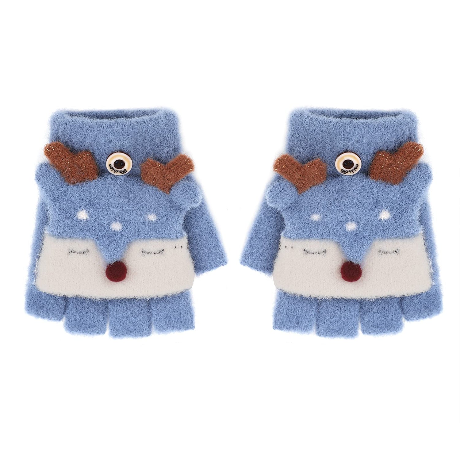 Gants Tricotés d'Automne Hiver pour Enfants 3-6 Ans Gants Demi-doigts à Rabat 2 Usages Gants en Tricot Épais Chaud Gants Mitaines d'Animal Mignon Cadeau de Noël Nouvel An pour Garçons et Filles