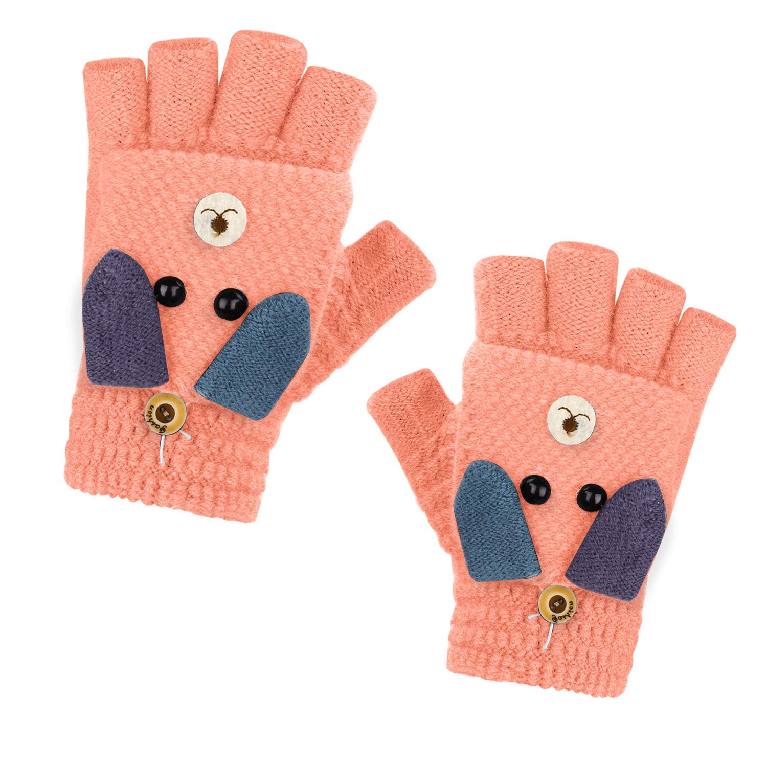 Gants Tricotés d'Automne Hiver pour Enfants 3-6 Ans Gants Demi-doigts à Rabat 2 Usages Gants en Tricot Épais Chaud Gants Mitaines d'Animal Mignon Cadeau de Noël Nouvel An pour Garçons et Filles