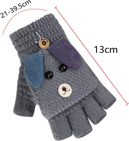 Gants Tricotés d'Automne Hiver pour Enfants 3-6 Ans Gants Demi-doigts à Rabat 2 Usages Gants en Tricot Épais Chaud Gants Mitaines d'Animal Mignon Cadeau de Noël Nouvel An pour Garçons et Filles