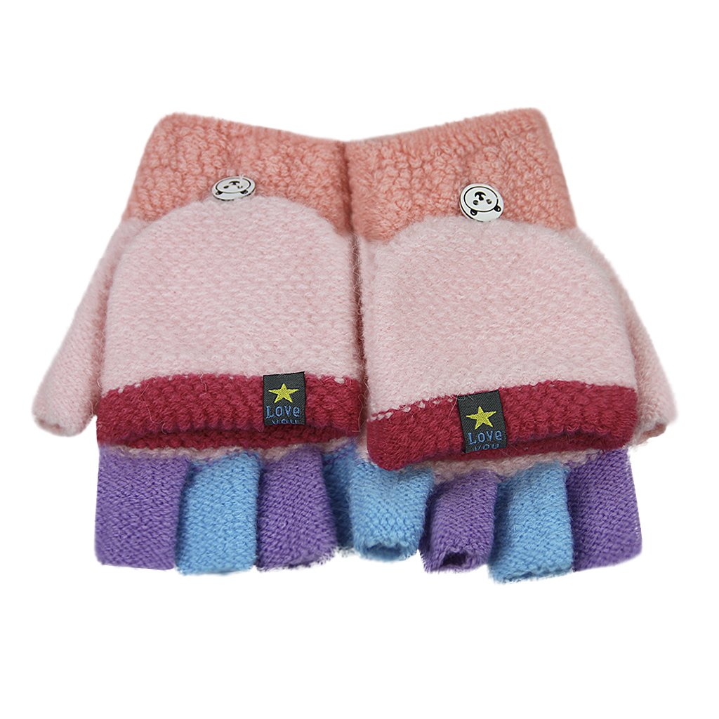 Gants Tricotés d'Automne Hiver pour Enfants 3-6 Ans Gants Demi-doigts à Rabat 2 Usages Gants en Tricot Épais Chaud Gants Mitaines d'Animal Mignon Cadeau de Noël Nouvel An pour Garçons et Filles