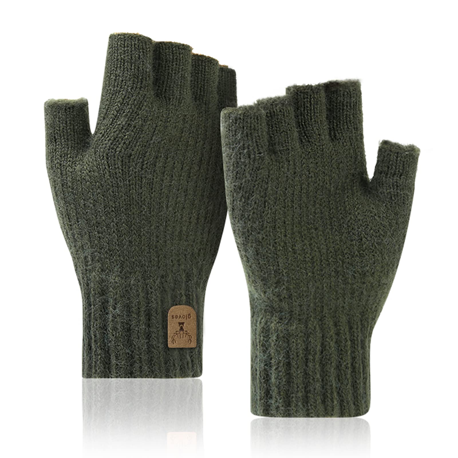 Gants d'Hiver Demi-Doigts Gants Sans Doigts-Mitaines en Tricot Chauds pour Hommes vert 