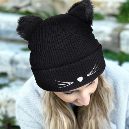 bonnet hiver chaud pompon noir