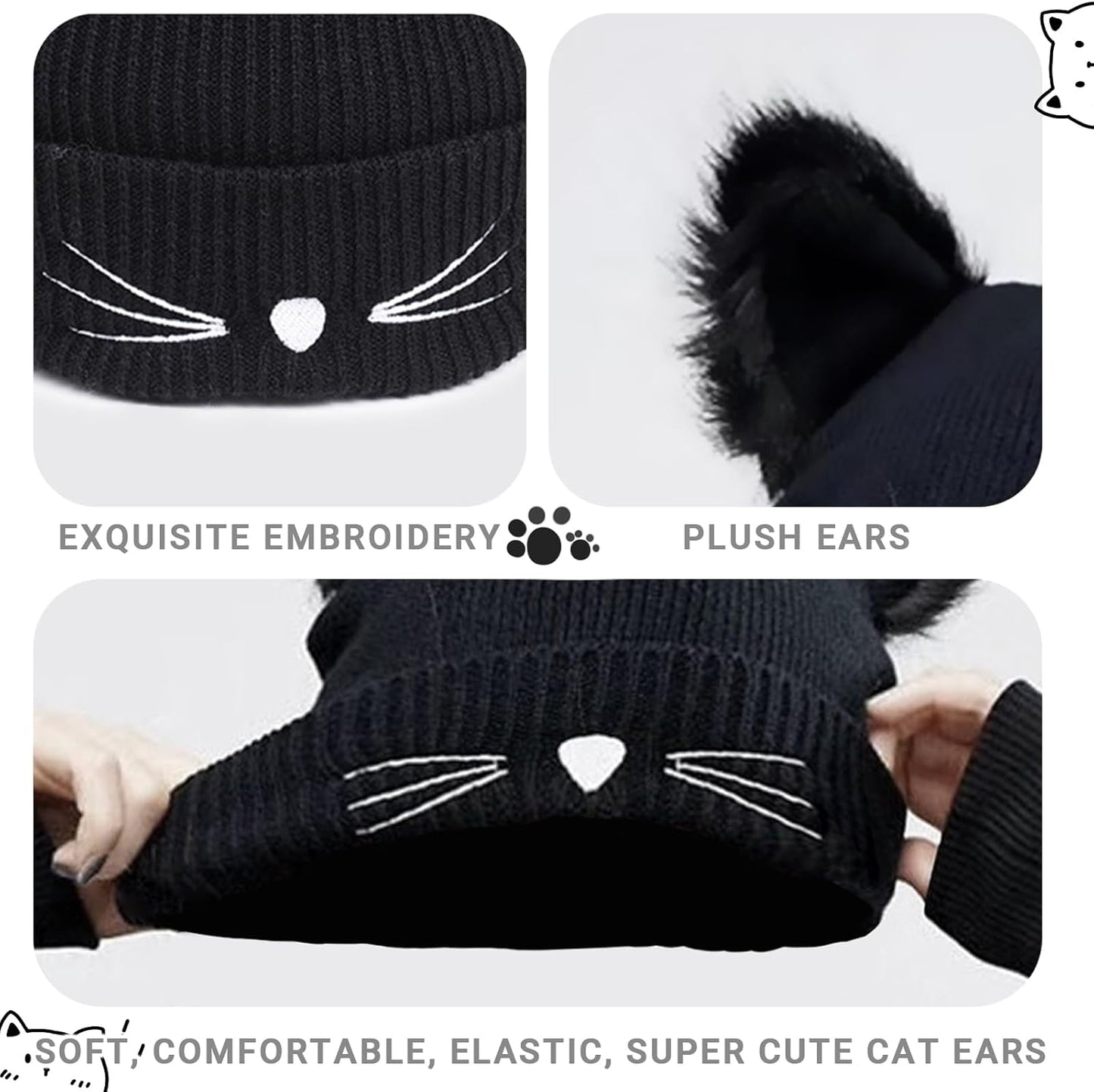 bonnet hiver chaud pompon noir chat