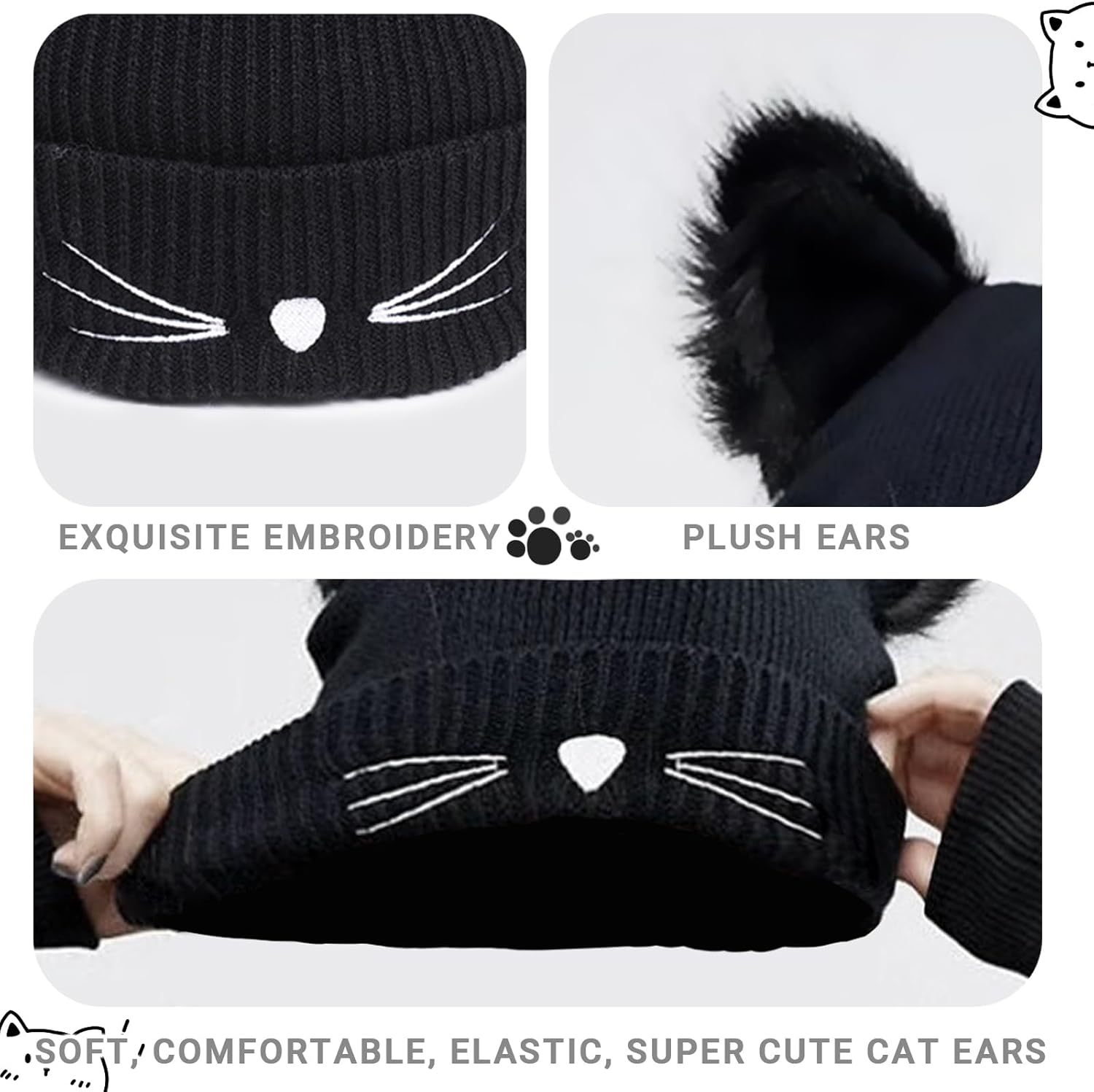 bonnet hiver chaud pompon noir chat