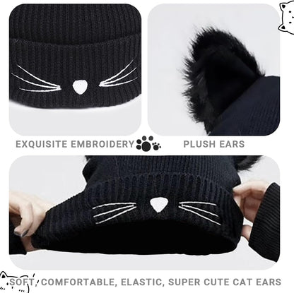 bonnet hiver chaud pompon noir chat